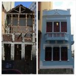 Reconstrução e restauração, antes e depois da fachada do edifício histórico na região da Lapa, no Rio de Janeiro.